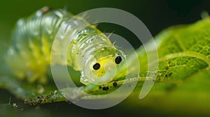 A stunning closeup of a tiny translucent larva eating its way through a leaf showcasing the unseen transformation of