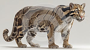 Clouded leopard standing on white background, side view