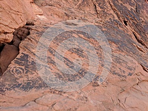 Collection of ancient petroglyphs of in Valley of Fire Nevada