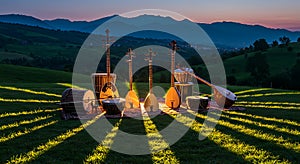 Traditional instruments bathed in sunset light