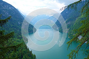 Stunning colorful waters of Konigsee known as Germany`s deepest and cleanest lake, located in Berchtesgadener National Park, Uppe