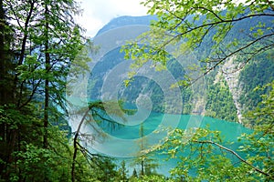 Stunning colorful waters of Konigsee known as Germany`s deepest and cleanest lake, located in Berchtesgadener National Park, Uppe