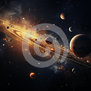 Vibrant Planetary Orbit System: Realistic Illustration of 8 Planets and Moons in Deep Space photo