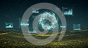 Futuristic data visualization sphere and analytics dashboard