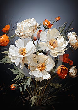 Stunning Contrasts: A Bouquet of Pale Orange Peonies and Black A