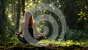 Woman Meditating and Doing Yoga in a Green Forest photo