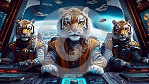 A Group of Urmah Tigers Piloting a Spaceship From the Cockpit (Feline Alien, Cat Extraterrestrial Race) photo