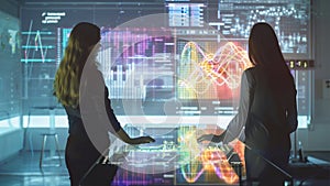 Futuristic Company CEO Presentation High Tech Holographic Quantum Computer Screen Board System Mainframe Software With Graphics