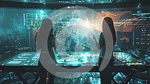 Futuristic Company CEO Presentation High Tech Holographic Quantum Computer Screen Board System Mainframe Software With Graphics