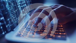 Hacker Man Typing on a Laptop Notebook Keyboard Hacking an Internet Website Network (Computer Coding)