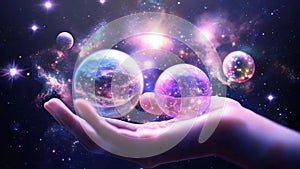 Holding Cosmic Metaphysical Quantum Purple Lilac Planetary Galactic Planets Solar Systems in Cosmic Starry Universe Background