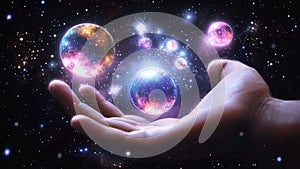 Holding Cosmic Metaphysical Quantum Purple Lilac Planetary Galactic Planets Solar Systems in Cosmic Starry Universe Background