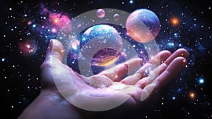 Holding Cosmic Metaphysical Quantum Purple Lilac Planetary Galactic Planets Solar Systems in Cosmic Starry Universe Background
