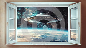 An UFO Flying Through a Window in a Cosmic Space Background