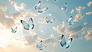 Blue Butterflies Flying in a Bright Happy Blue Sky With White Clouds Background