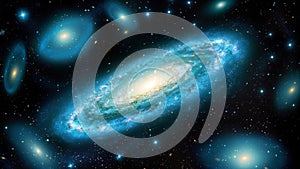 Neon Blue Galaxies in Black Deep Space Full of Twinkling Stars