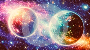 Interstellar Science Fiction Background With Two Polar Opposite Twin Planets From Different Timelines
