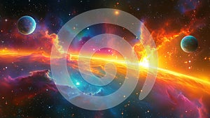 Interstellar Science Fiction Background With Multiple Cosmic Planets, Nebulas, Twinkling Stars in Deep Space in Neon Colors