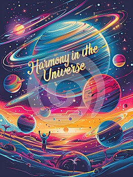 Cosmic Landscape with Planets and Starships, Retro-Futuristic Neon Glow, Space Explorers in Harmony photo