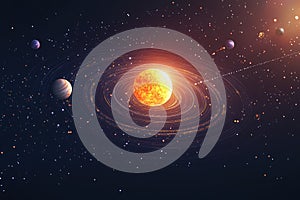 Stunning cosmic scene planets orbiting a bright star in swirling nebula