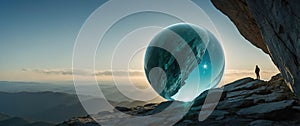 A Stunning Crystal Ball Resting on a Rock with Mountains and Three Moons in the photo