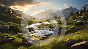 Golden Hour Wilderness Landscape: Vray Mountain Landscape With Stream photo