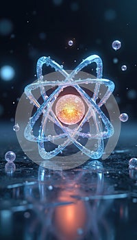Stunning 3D illustration atom with glowing particles. Quantum physics, atomic structure concept. Science tech background.