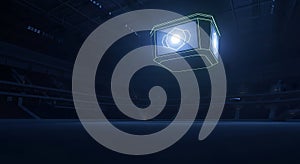 Neon glowing futuristic cube hangs over an empty stadium