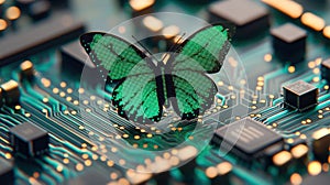 Futuristic Green Butterfly on Circuit Board Tech Nature Innovation