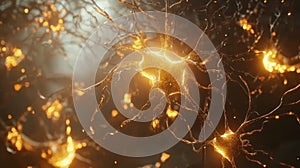 Stunning 3d visualization of neuron cells in the human brain with glowing connections and activity