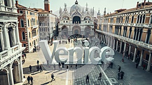 Stunning 3d white text venice dominates the foreground of an iconic venetian square bustling with tourists and historic photo