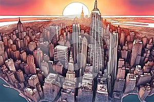 A stunning depiction capturing the charm of a New York city skyline over a vibrant sunset backdrop.