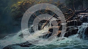 Realistic Hyper-detail: Tree Falling Over Waterfall Painting photo
