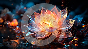 Digitally rendered lotus flower glowing with an orange hue, surrounded by dark, reflective water and floating leaves, giving off a