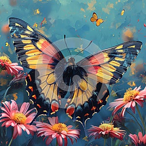 Vibrant Butterfly and Flowers in a Teal Garden photo