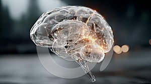 Stunning digital rendering of a transparent brain with glowing neural pathways, symbolizing intelligence and innovation, perfect