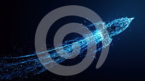 Futuristic Rocket Launch with Digital Network Visualization and Blue Glowing Effects against Dark Background.Generative AI