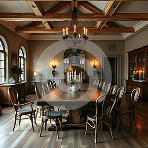 A stunning dining room with a large wooden table, vintage chairs, and candlelight ambiance photo