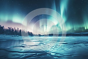 A stunning display of the aurora borealis illuminating the night sky above a frozen lake, Ice-covered lake under the glow of
