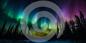Stunning display of the northern lights dancing across the forest trees. AI generated.