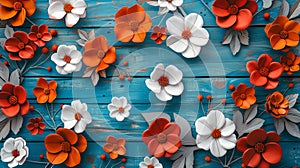 Vibrant artificial red and white flowers arranged on a blue wooden background for design inspiration. perfect for floral