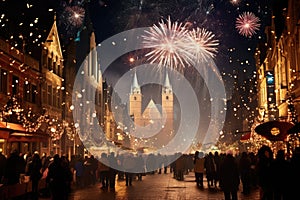 A stunning display of vibrant fireworks illuminates the night sky above a bustling city street, A festive city center