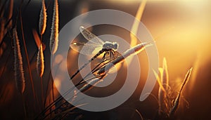 Stunning dragonfly portrait at sunset. Amazing super detailed nature photography. Ai generated art