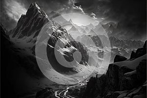 Stunning dramatic mountain and valley scenery in black and white