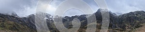 Stunning dramatic panoramic landscape image of snowcapped Glyders mountain range in Snowdonia during Winter with menacing low