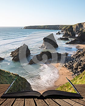 Stunning dusk sunset landscape image of Bedruthan Steps on West