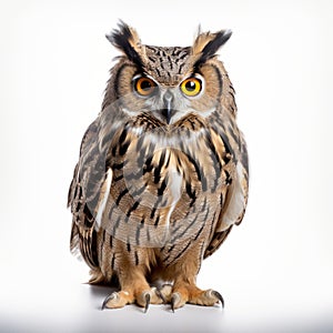 Stunning Eagle Owl With Yellow Eyes On White Background