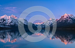 Early morning sunrise illuminating serene waters of Lake McDonald, Glacier National Park, Montana