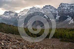 Stunning early morning view on the Consolation Lakes hike, of the Wenkchemma Range in the Valley of Ten Peaks at Lake Moraine,