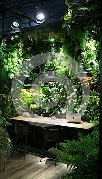 Stunning eco friendly workspace featuring plants and energy efficient lighting for sustainability photo